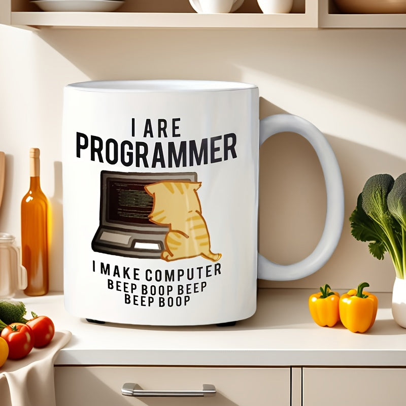 Tailorly White Ceramic 11 oz Mug - I Are Programmer I Make Computer Beep Boop Beep Beep Boop Funny Ginger Cat Staring Deeply Into Laptop Screen Focused On Working