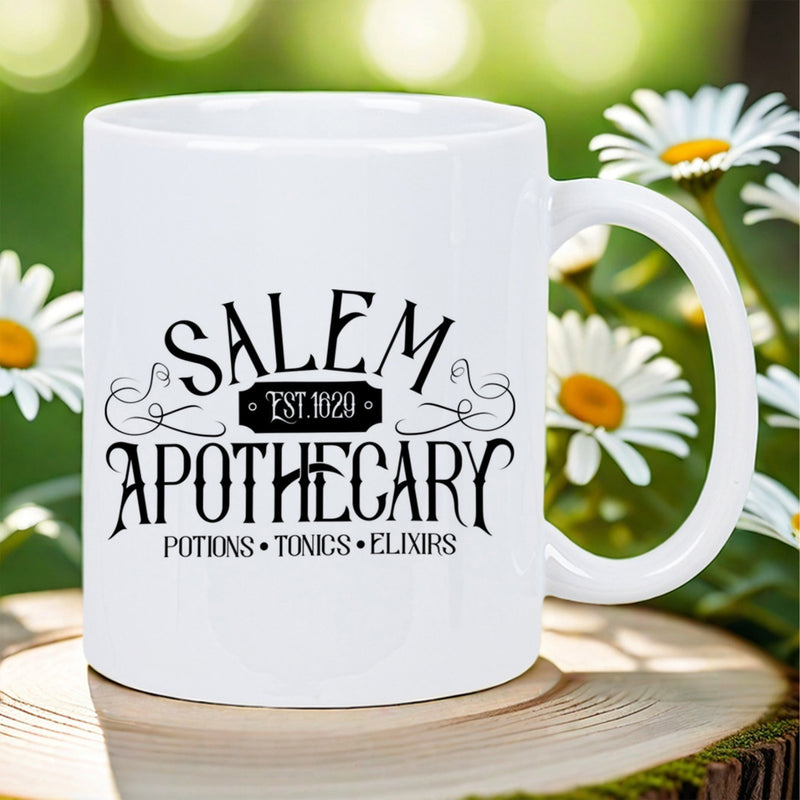 Tailorly White Ceramic 11 oz Mug - Salem Est 1620 Apothecary Potions Tonics Elixirs Vintage Typography Design With Elegant Swirls And Bold Gothic Lettering Sign