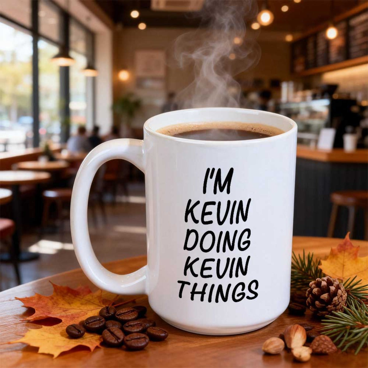 Tailorly White Ceramic 11 oz Mug - Im Kevin Doing Kevin Things Steaming Hot Coffee Inside White Ceramic Cup On Cafe Table Mug