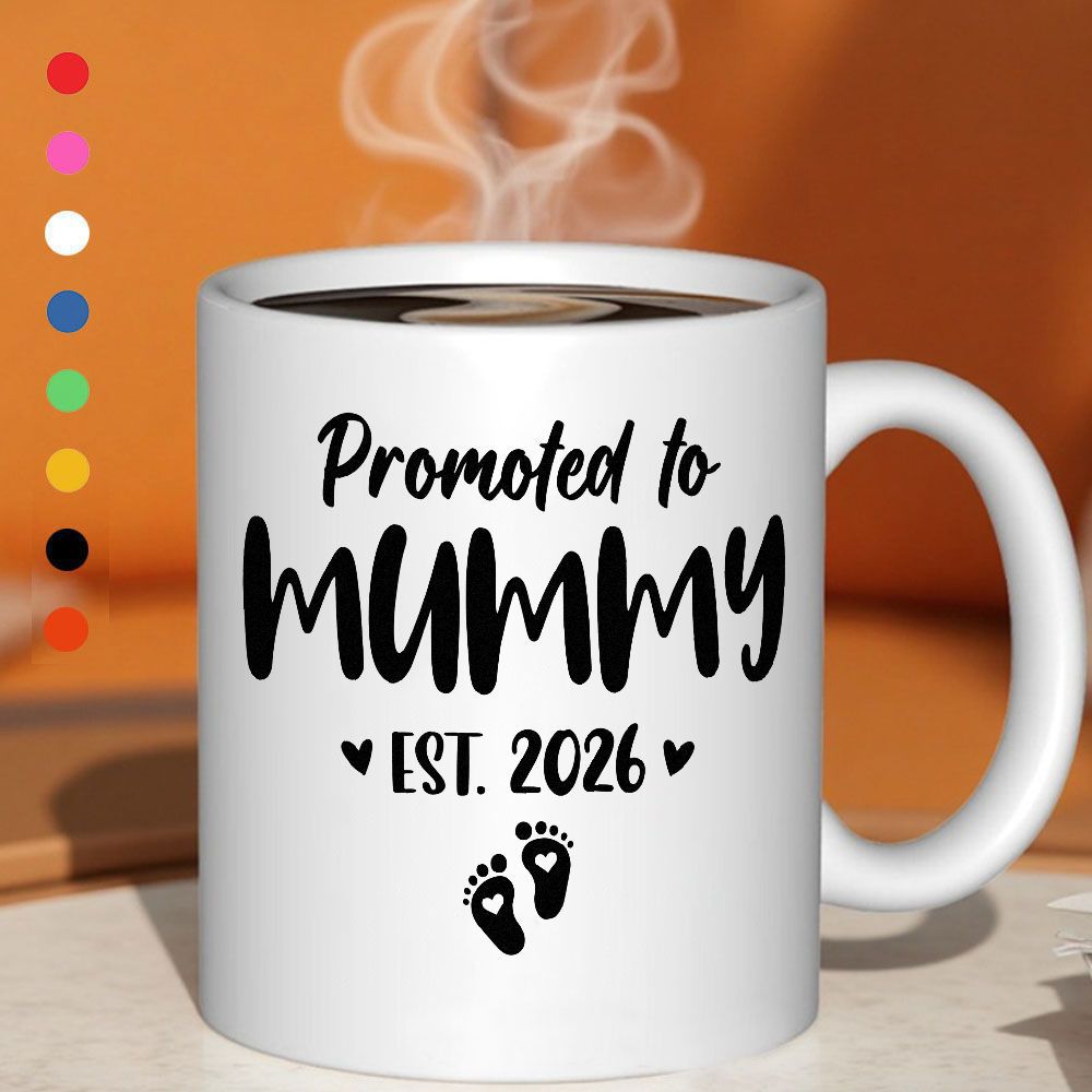 Tailorly White Ceramic 11 oz Mug - Promoted To Mummy Est 2026 Minimalist Black Ink Footprints With Tiny Hearts On White Background Mug