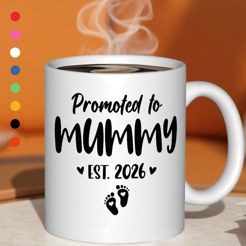 Tailorly White Ceramic 11 oz Mug - Promoted To Mummy Est 2026 Minimalist Black Ink Footprints With Tiny Hearts On White Background Mug