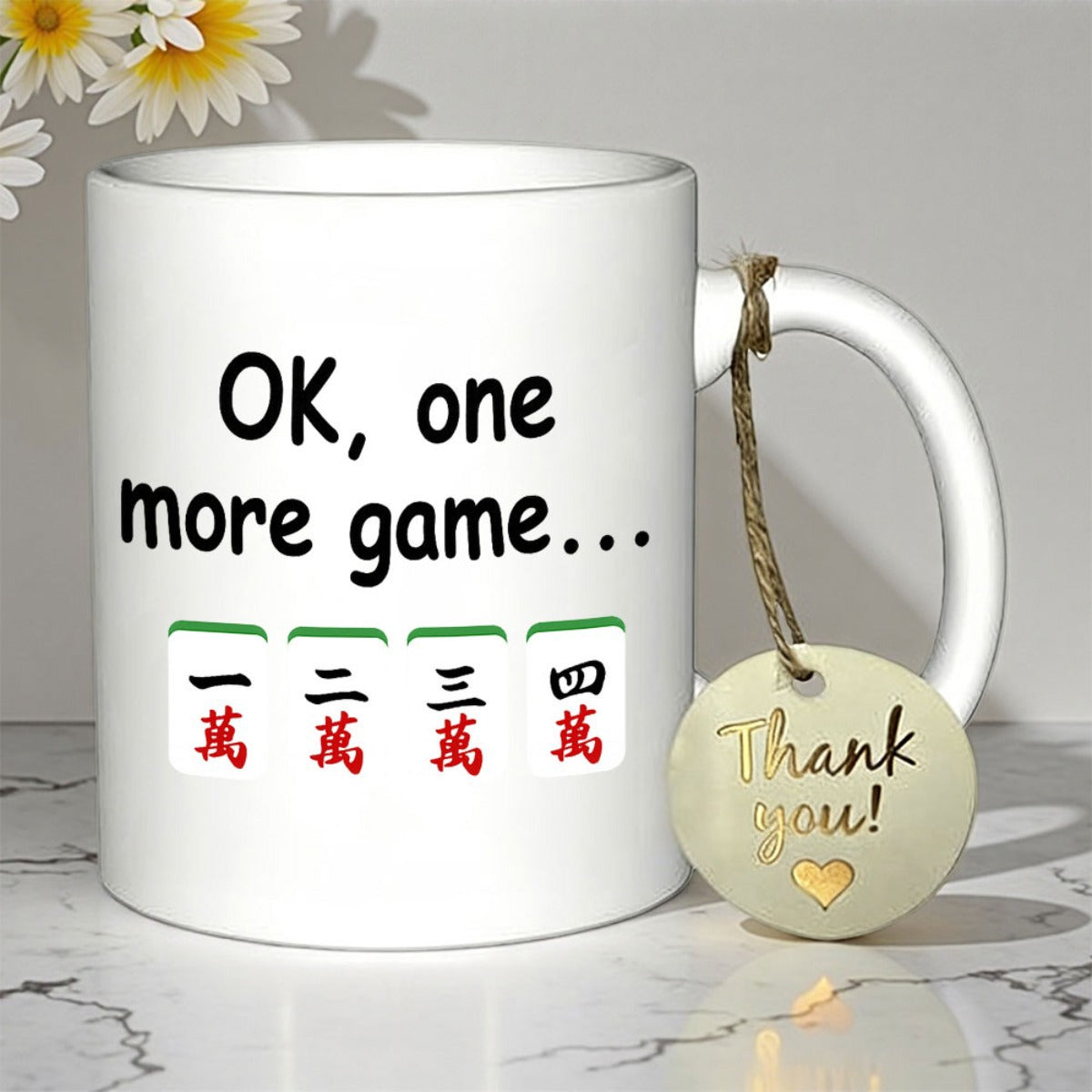Tailorly White Ceramic 11 oz Mug - Ok One More Game Traditional Rectangular Tiles Featuring Red And Black Painted Chinese Symbols Mahjong