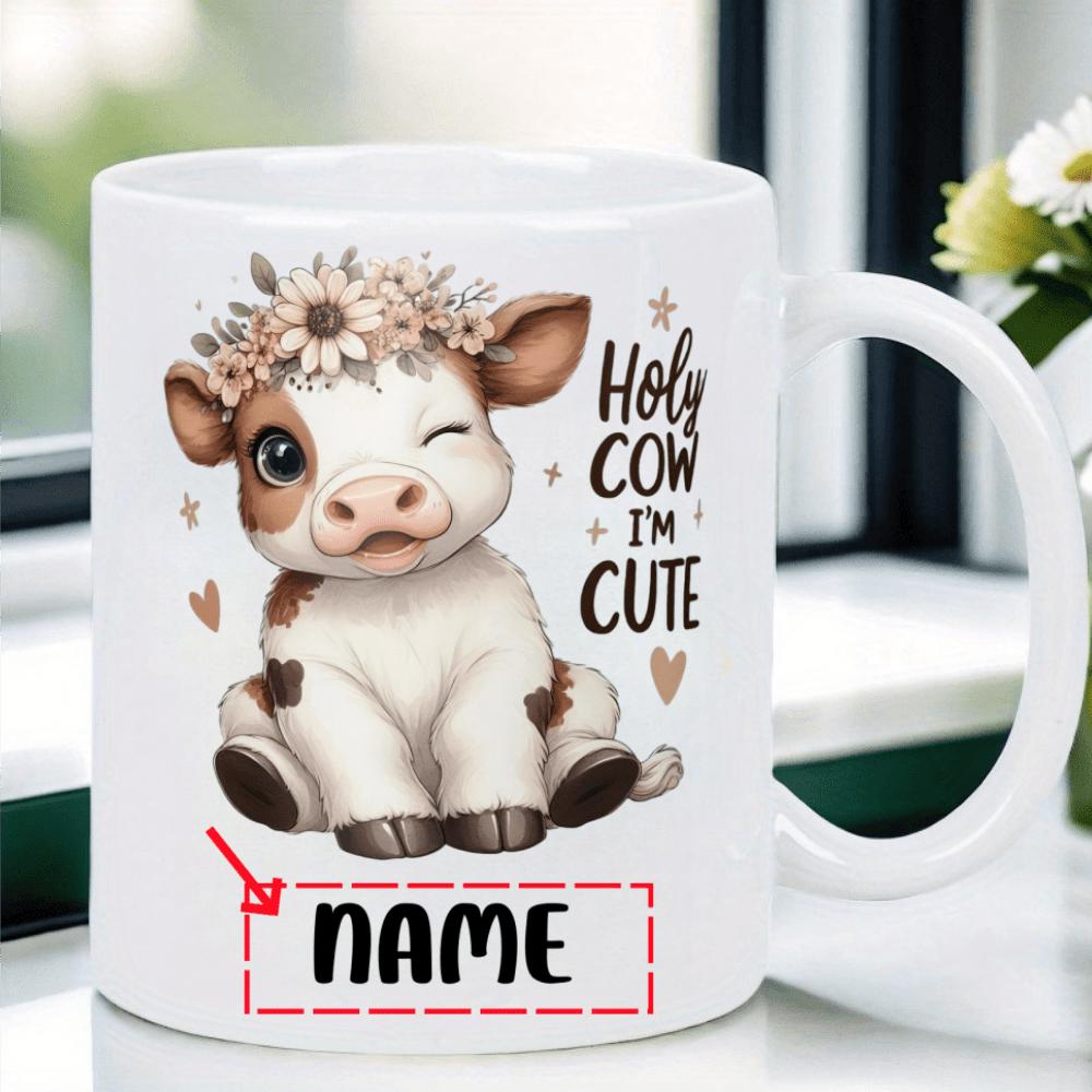Tailorly White Ceramic 11 oz Mug - Holy Cow Im Cute Name Adorable Sitting Baby Wearing Sunflowers Among Shining Golden Hearts Cow