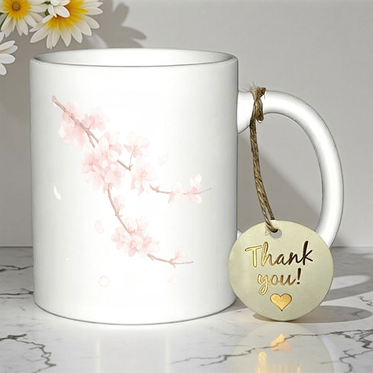 Tailorly White Ceramic 11 oz Mug - Thank You Soft Pink Watercolor Blossoms Blooming Gently On A Delicate Branch