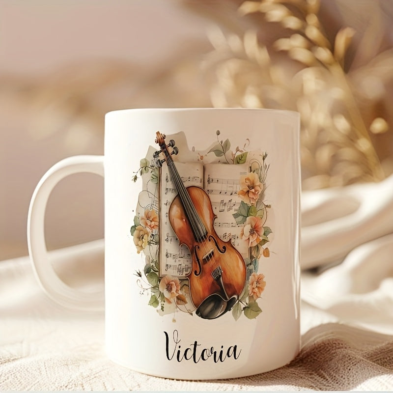 Tailorly White Ceramic 11 oz Mug - Victoria Watercolor Style Music Sheet With Delicate Roses Surrounding A Vintage Musical Violin