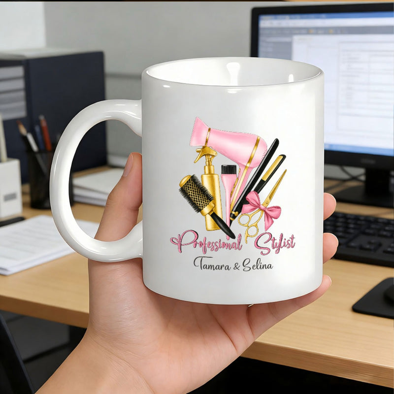 Tailorly White Ceramic 11 oz Mug - Professional Stylist Tamara Selina Pink Hair Dryer And Gold Shears With Decorative Accessories Among Salon Tools