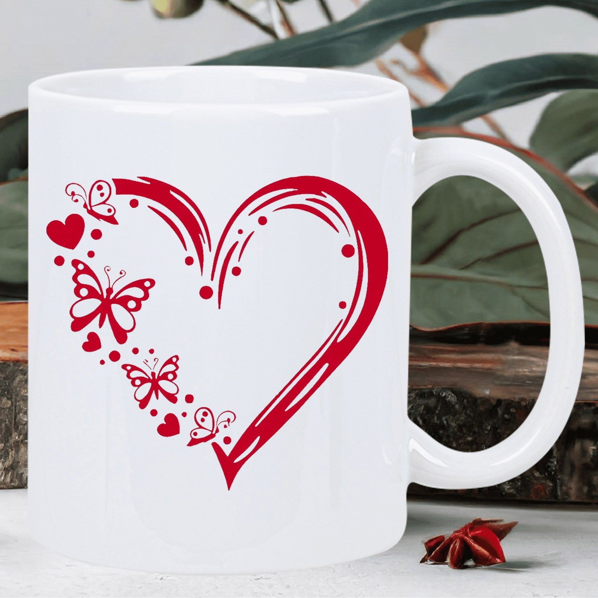 Tailorly White Ceramic 11 oz Mug - Artistic Red Brushstroke Style Featuring Delicate Flying Butterflies And Tiny Hearts Heart