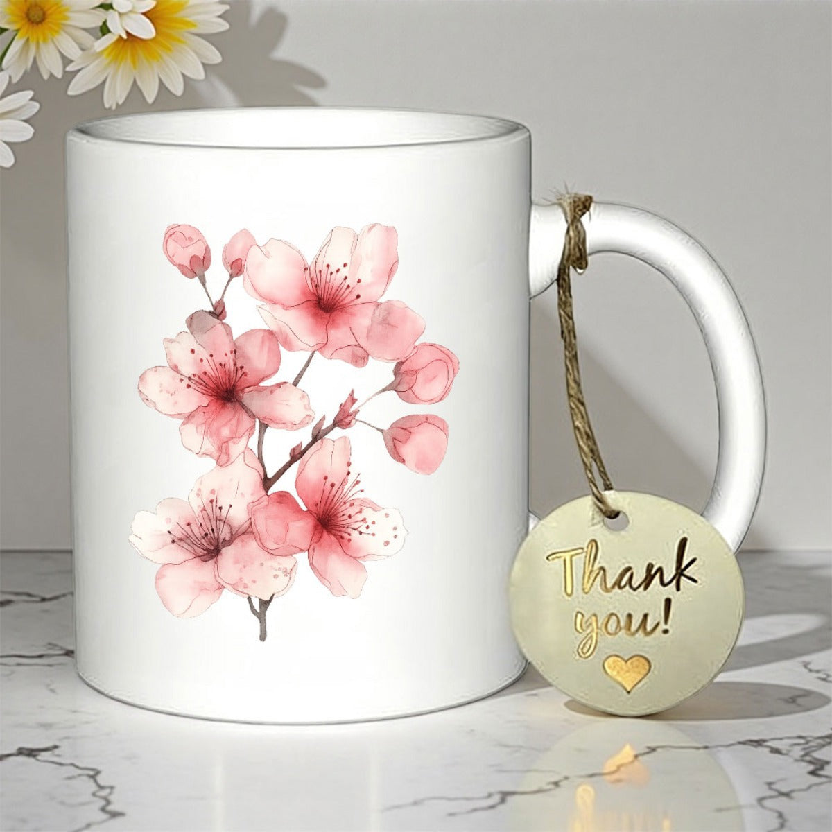 Tailorly White Ceramic 11 oz Mug - Thank You Soft Pink Watercolor Cherry Blossoms Blooming On Delicate Branch With Buds Sakura