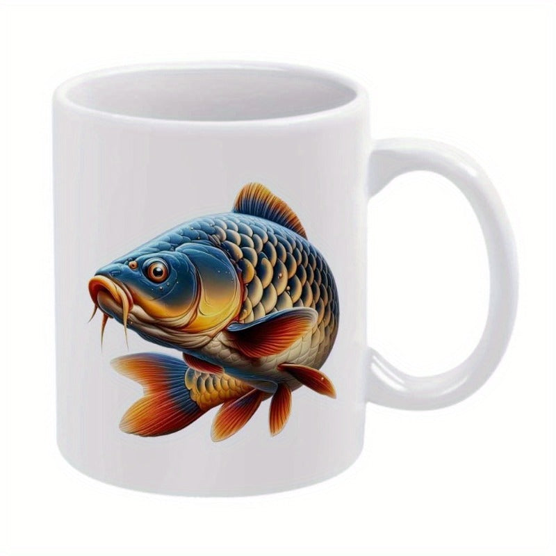 Tailorly White Ceramic 11 oz Mug - Detailed Golden Scaled Common Carp Swimming With Vibrant Orange Fins And Artistic Blue Accents Fish