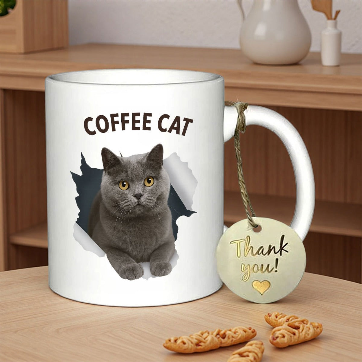 Tailorly White Ceramic 11 oz Mug - Coffee Cat Adorable Grey British Shorthair Peeking Through Torn White Paper Cat