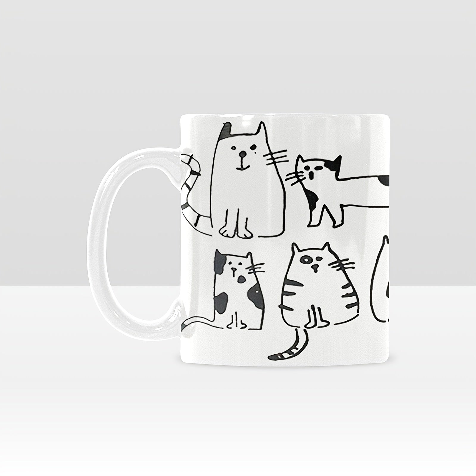 Tailorly White Ceramic 11 oz Mug - Minimalist Black And White Hand Drawn Doodles Of Playful Sitting And Standing Cat