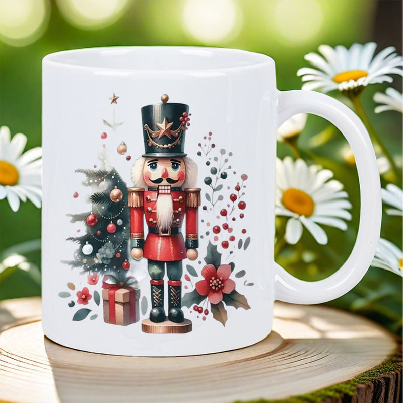 Tailorly White Ceramic 11 oz Mug - Festive Nutcracker Soldier Standing Beside Christmas Tree With Gift And Berries Nutcracker