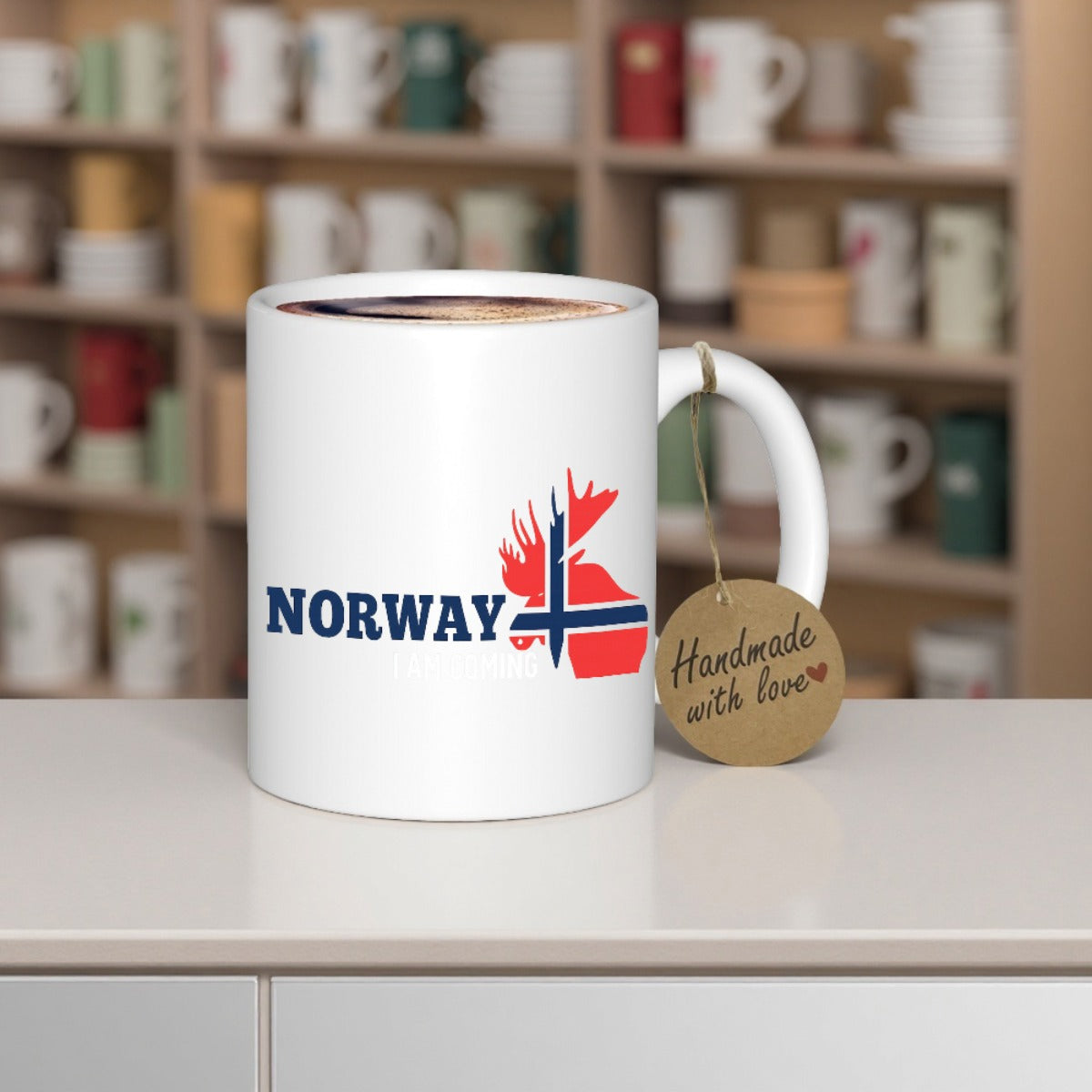 Tailorly White Ceramic 11 oz Mug - Norway Majestic Wild Animal Silhouette Infused With Norwegian National Flag Elements Moose