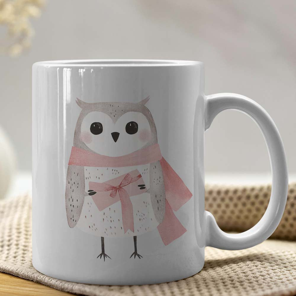 Tailorly White Ceramic 11 oz Mug - Sweet Watercolor Winter Bird Wearing A Soft Pink Scarf Owl