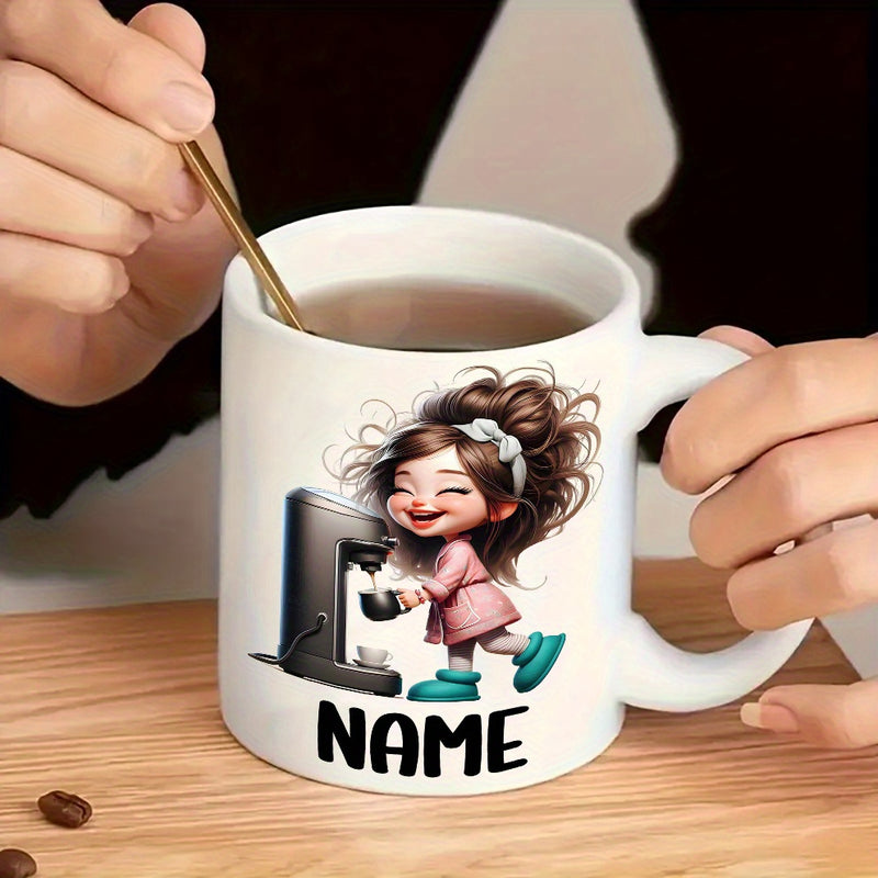 Tailorly White Ceramic 11 oz Mug - Name Smiling Little Girl With Messy Hair Using Modern Coffee Machine Girl
