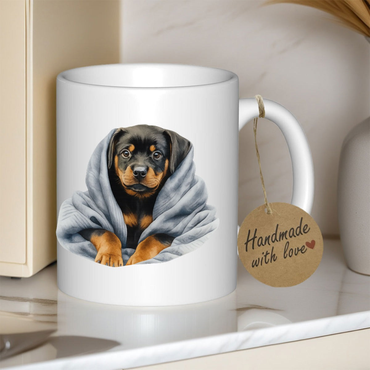 Tailorly White Ceramic 11 oz Mug - Cute Small Puppy Resting Comfortably Inside A Cozy Warm Grey Blanket Rottweiler
