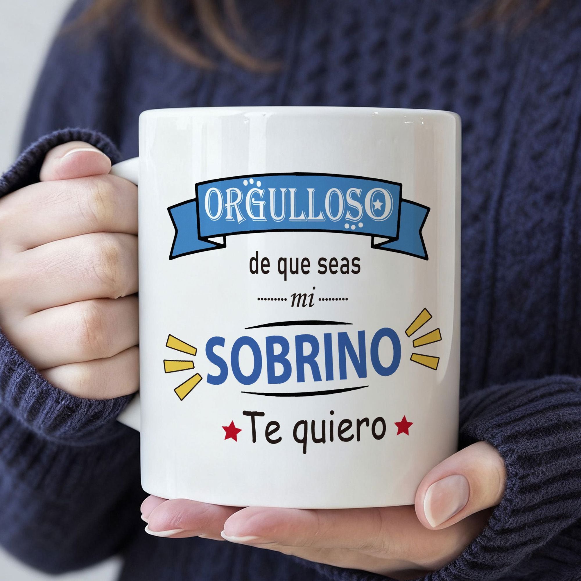 Tailorly White Ceramic 11 oz Mug - Ceramic White Background With Blue Banner And Colorful Sentimental Spanish Text Mug