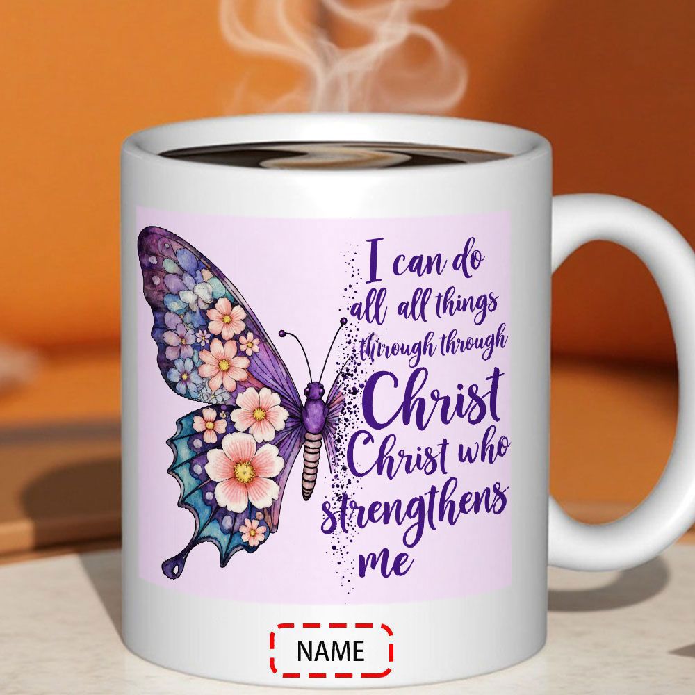 Tailorly White Ceramic 11 oz Mug - I Can Do All Things Through Christ Who Strengthens Me Vibrant Purple Butterfly Wings Decorated With Delicate Flowers And Soft