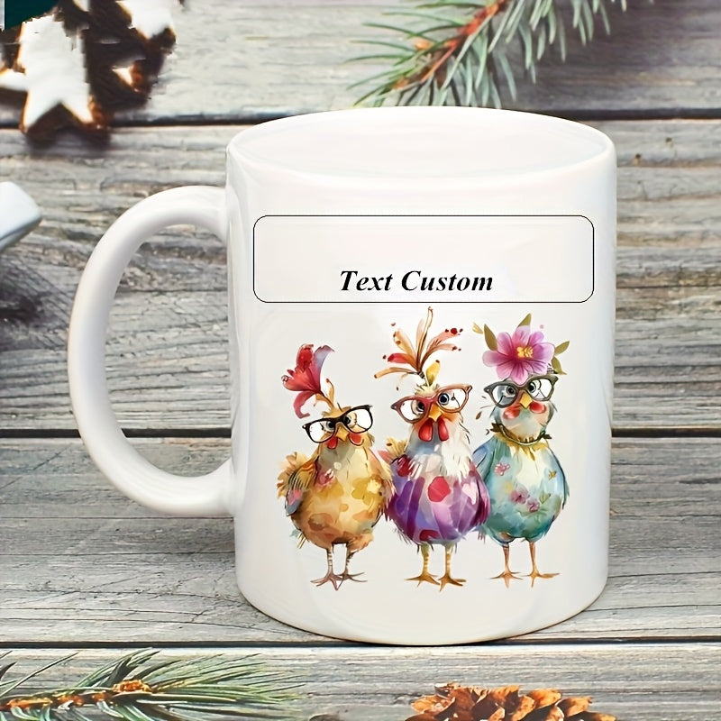 Tailorly White Ceramic 11 oz Mug - Text Custom Three Whimsical Watercolor Chickens Wearing Glasses And Colorful Flowers Vibrant Chicken