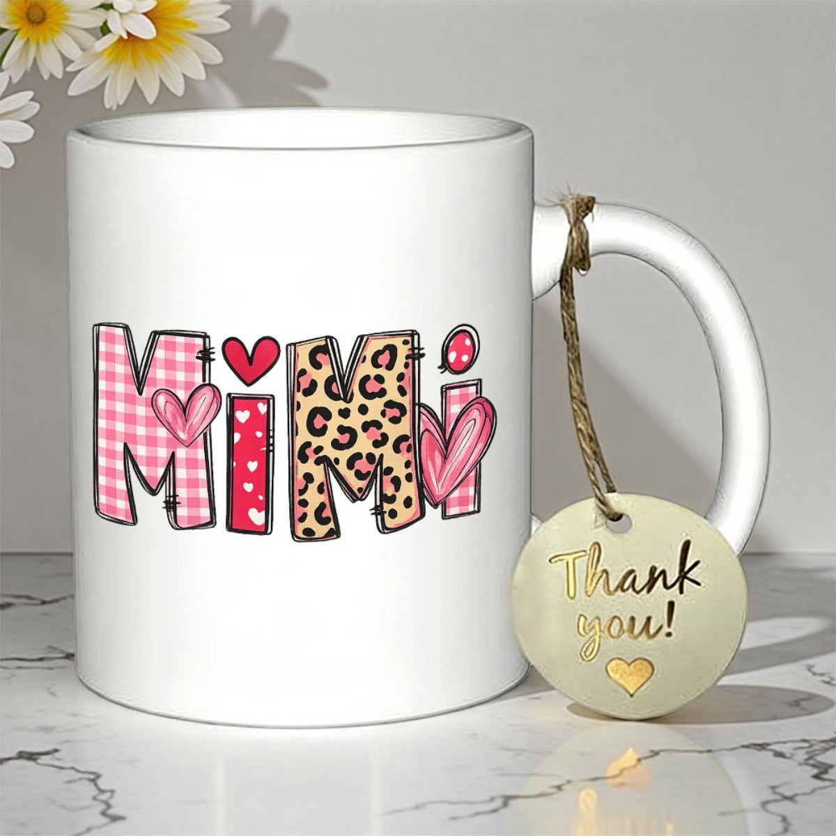 Tailorly White Ceramic 11 oz Mug - Mimi Artistic Pink Patterns With Leopard Print And Small Hearts Ceramic Mug