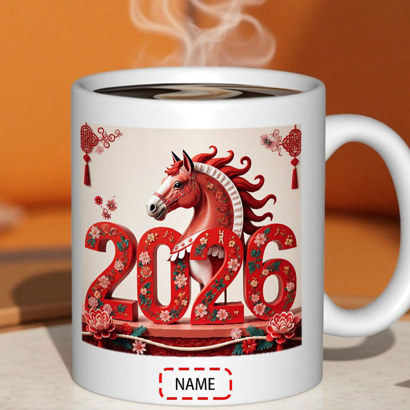 Tailorly White Ceramic 11 oz Mug - Majestic Red Stallion Decorated With Floral Patterns Celebrating New Year Horse