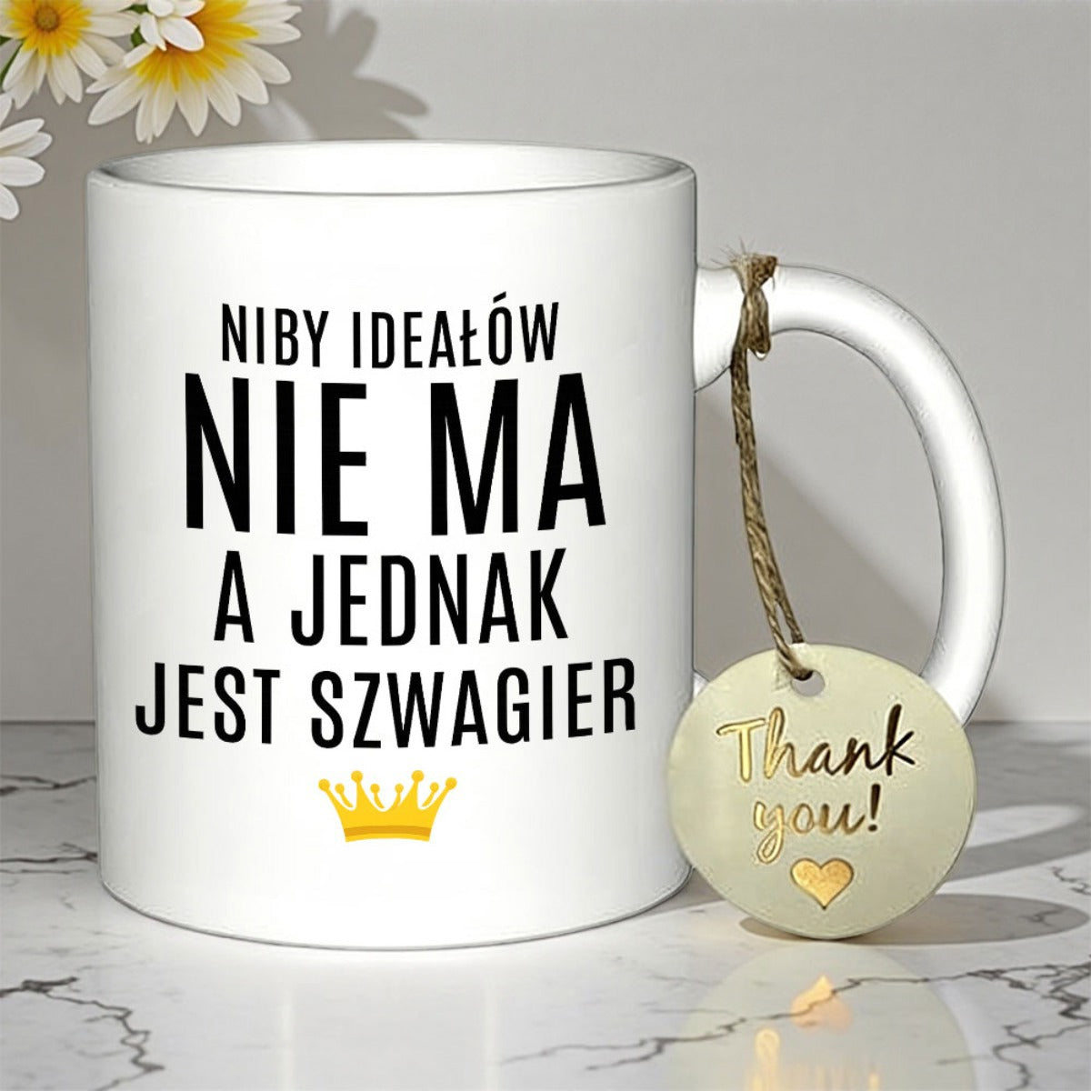 Tailorly White Ceramic 11 oz Mug - Thank You Minimalist With Golden Crown Under Bold Typography Mug