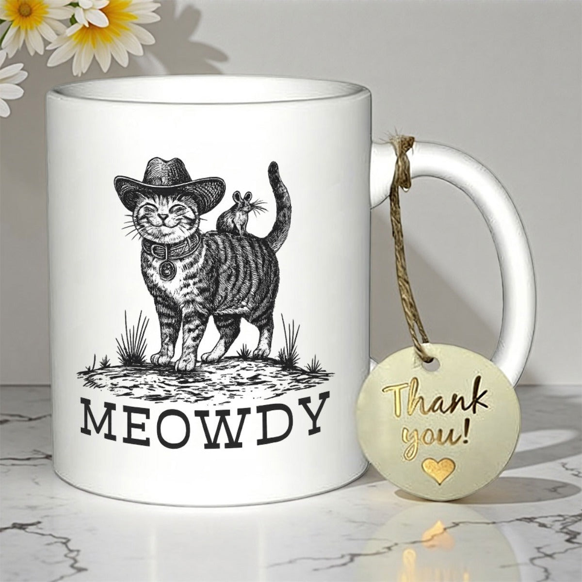 Tailorly White Ceramic 11 oz Mug - Meowdy Vintage Engraving Style Tabby Wearing Cowboy Hat With Small Mouse On Back Cat
