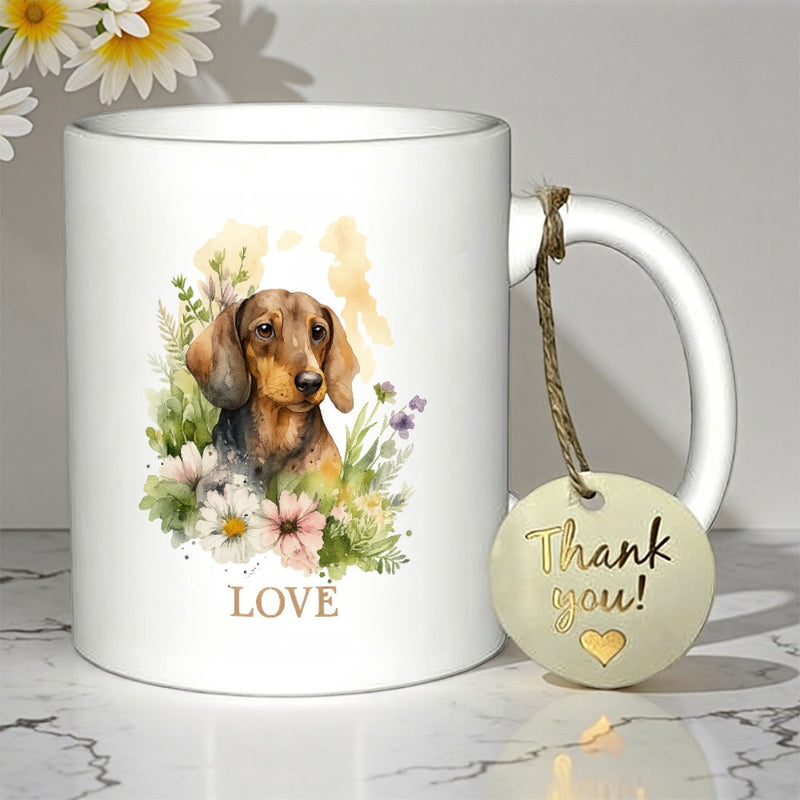 Tailorly White Ceramic 11 oz Mug - Love Watercolor Illustration Of A Blooming Garden Among Green Foliage Dachshund