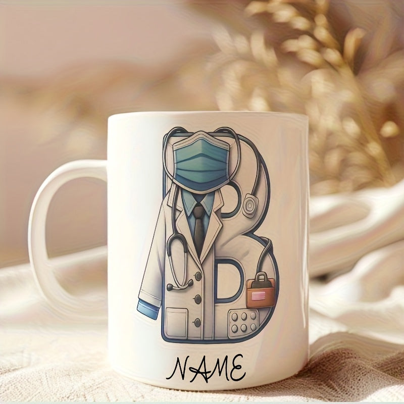 Tailorly White Ceramic 11 oz Mug - Name Stylized Medical Professional Letter B Wearing Protective Mask And Lab Coat Doctor