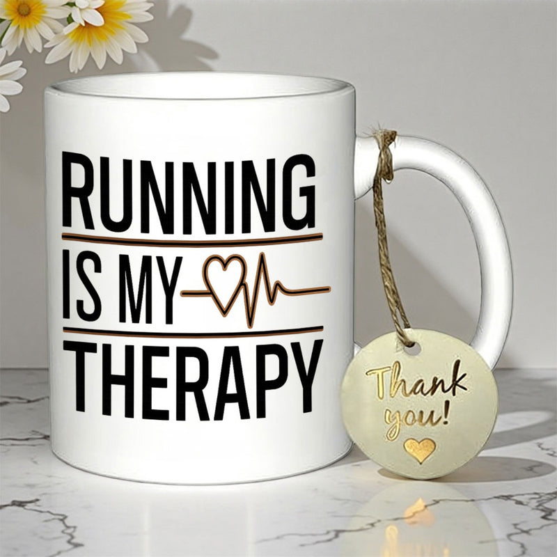 Tailorly White Ceramic 11 oz Mug - Running Is My Therapy Bold Black Lettering Integrated With A Minimalist Pulse Line Representing Fitness Heartbeat