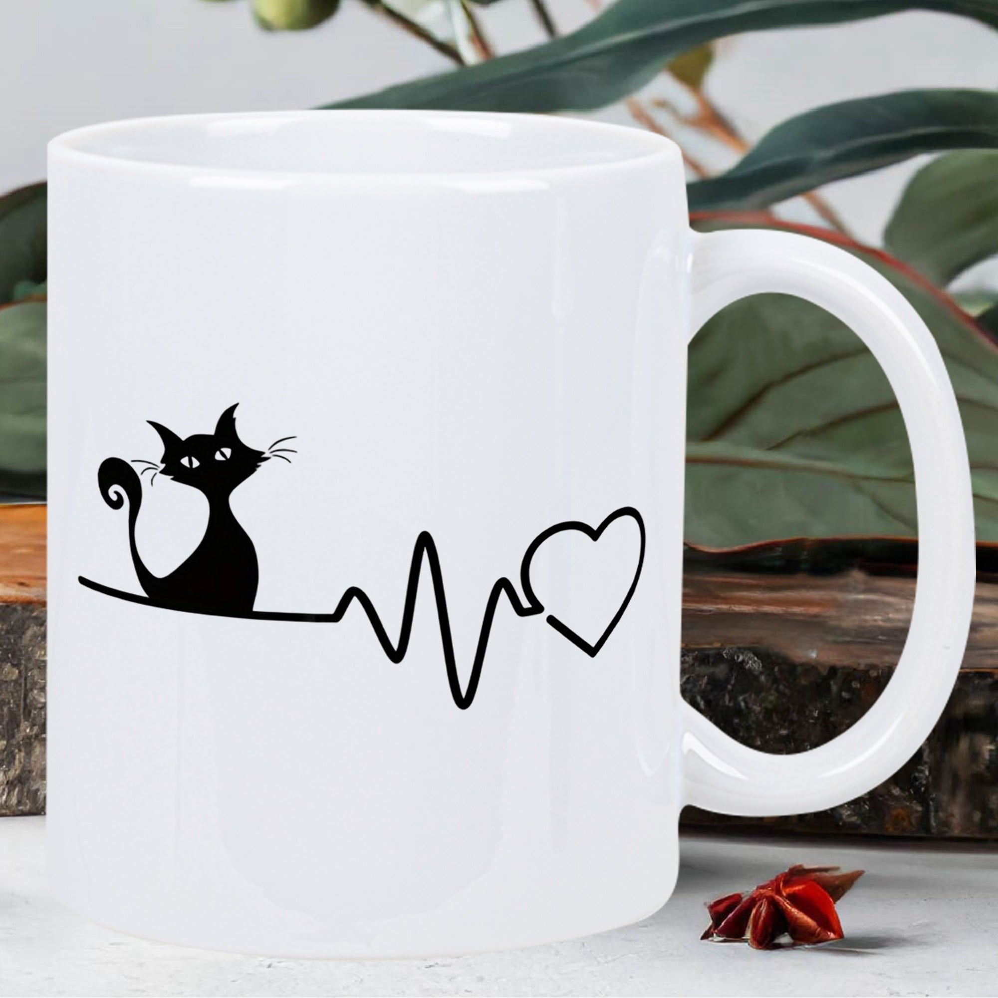 Tailorly White Ceramic 11 oz Mug - Minimalist Black Silhouette Of A Sitting Graceful Pet With Heartbeat Rhythm Heart Cat