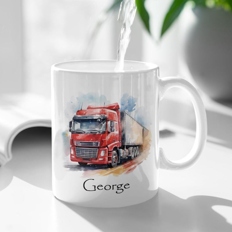 Tailorly White Ceramic 11 oz Mug - George Vibrant Red Semi Truck With White Trailer Driving Along Road Truck