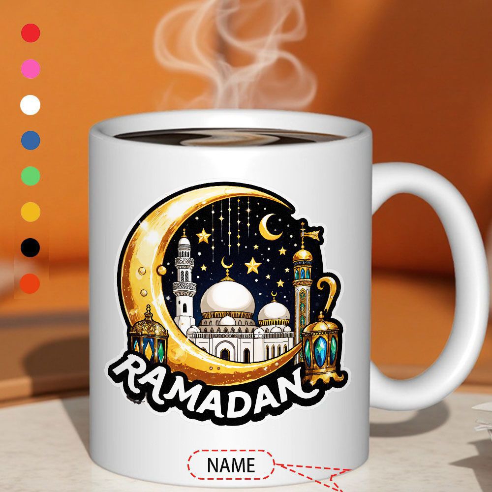 Tailorly White Ceramic 11 oz Mug - Ramadan Golden Crescent Moon Shining Over Ancient White Architecture And Stars Mosque
