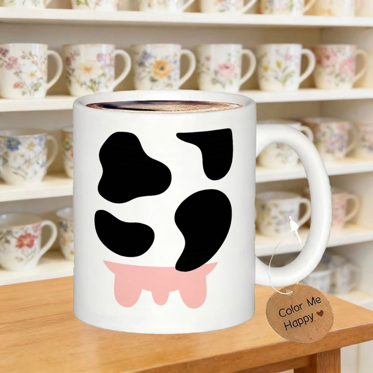 Tailorly White Ceramic 11 oz Mug - Color Me Happy Minimalist Black Cow Print Spots And A Cute Pink Udder Cow