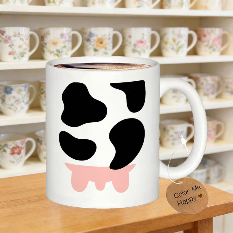 Tailorly White Ceramic 11 oz Mug - Color Me Happy Minimalist Black Cow Print Spots And A Cute Pink Udder Cow