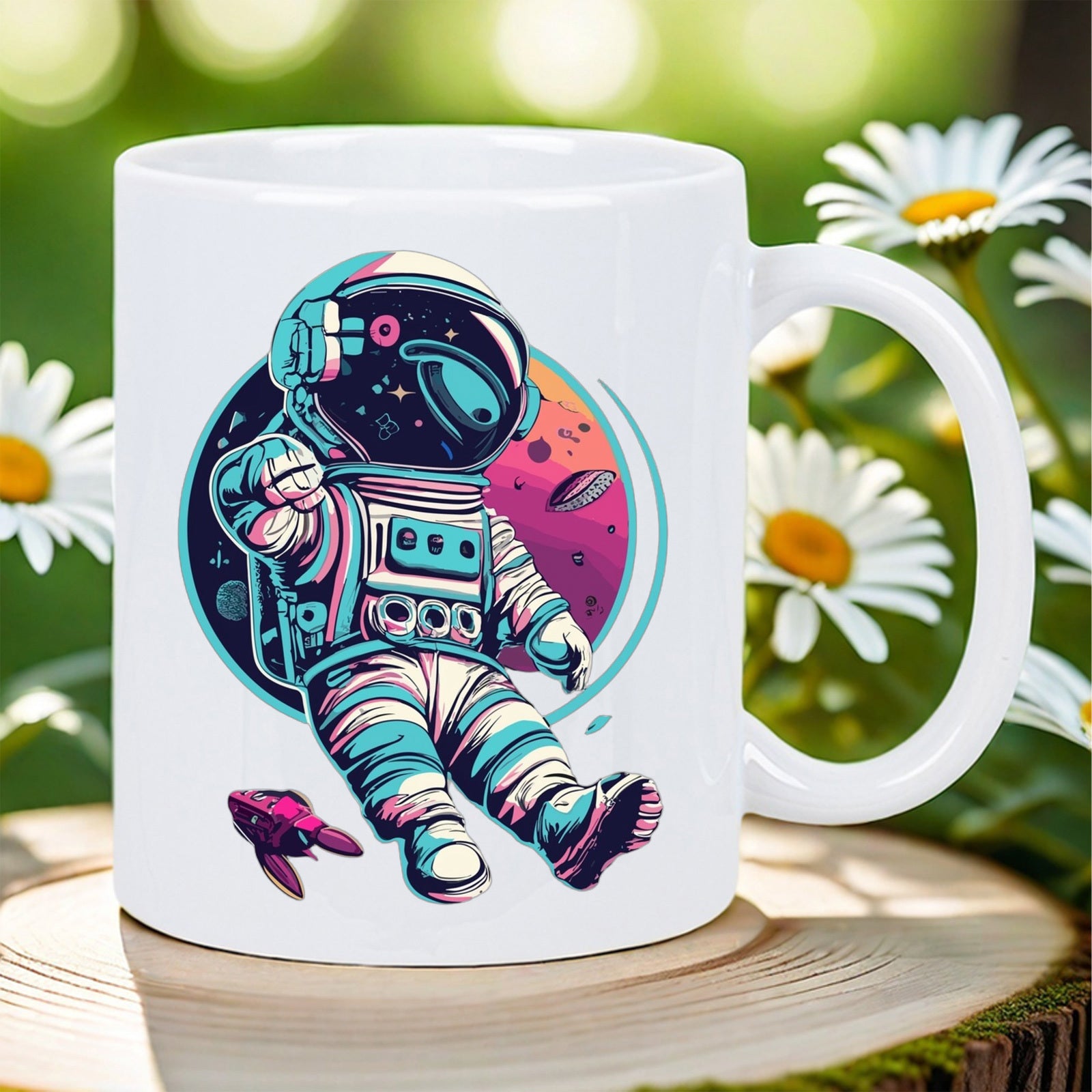 Tailorly White Ceramic 11 oz Mug - Vibrant Cosmic Scene Featuring A Floating Space Traveler In Deep Galaxy Astronaut