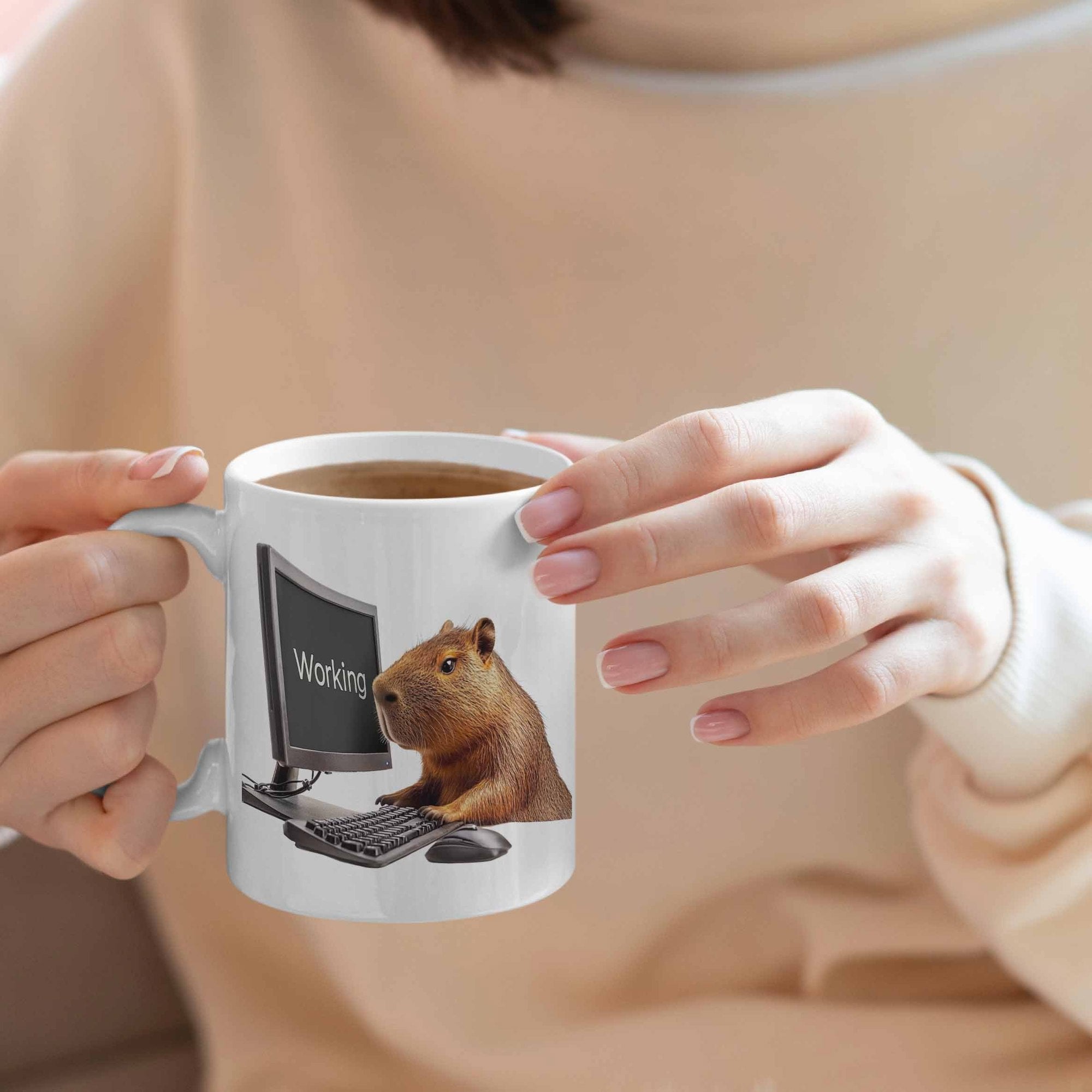 Tailorly White Ceramic 11 oz Mug - Working Cute Brown Animal Focused On Desktop Monitor Keyboard And Mouse Capybara
