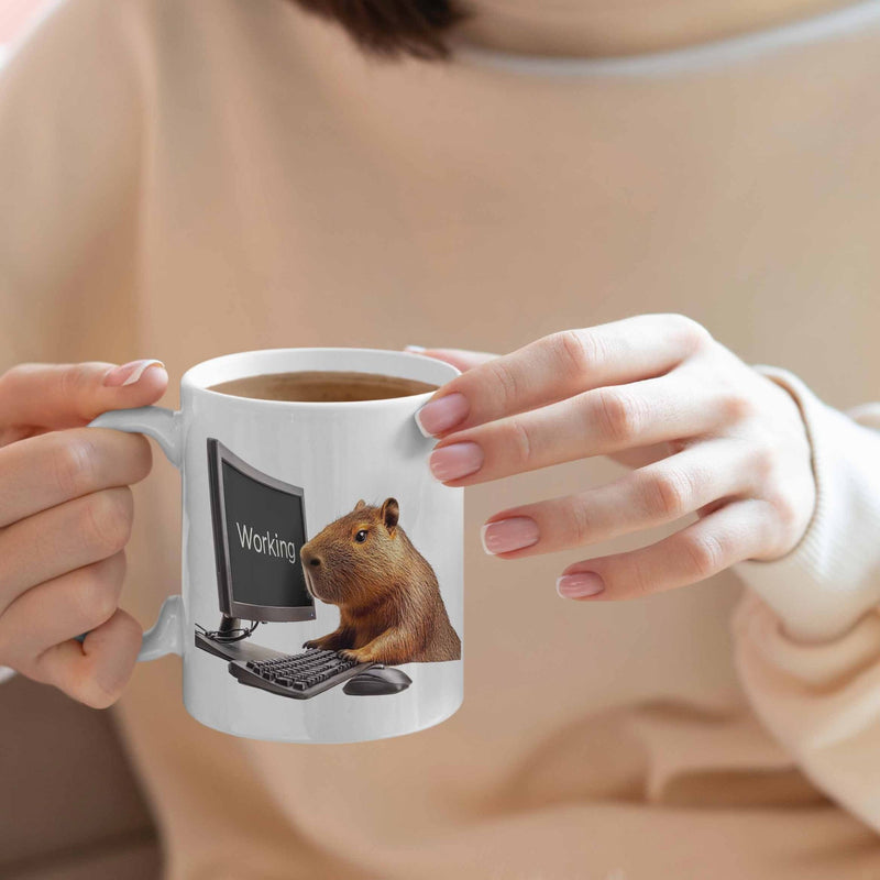 Tailorly White Ceramic 11 oz Mug - Working Cute Brown Animal Focused On Desktop Monitor Keyboard And Mouse Capybara