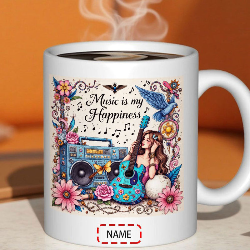 Tailorly White Ceramic 11 oz Mug - Music Is My Happiness Artistic Woman Playing Guitar Beside Vintage Boombox Among Blooming Flowers Guitar