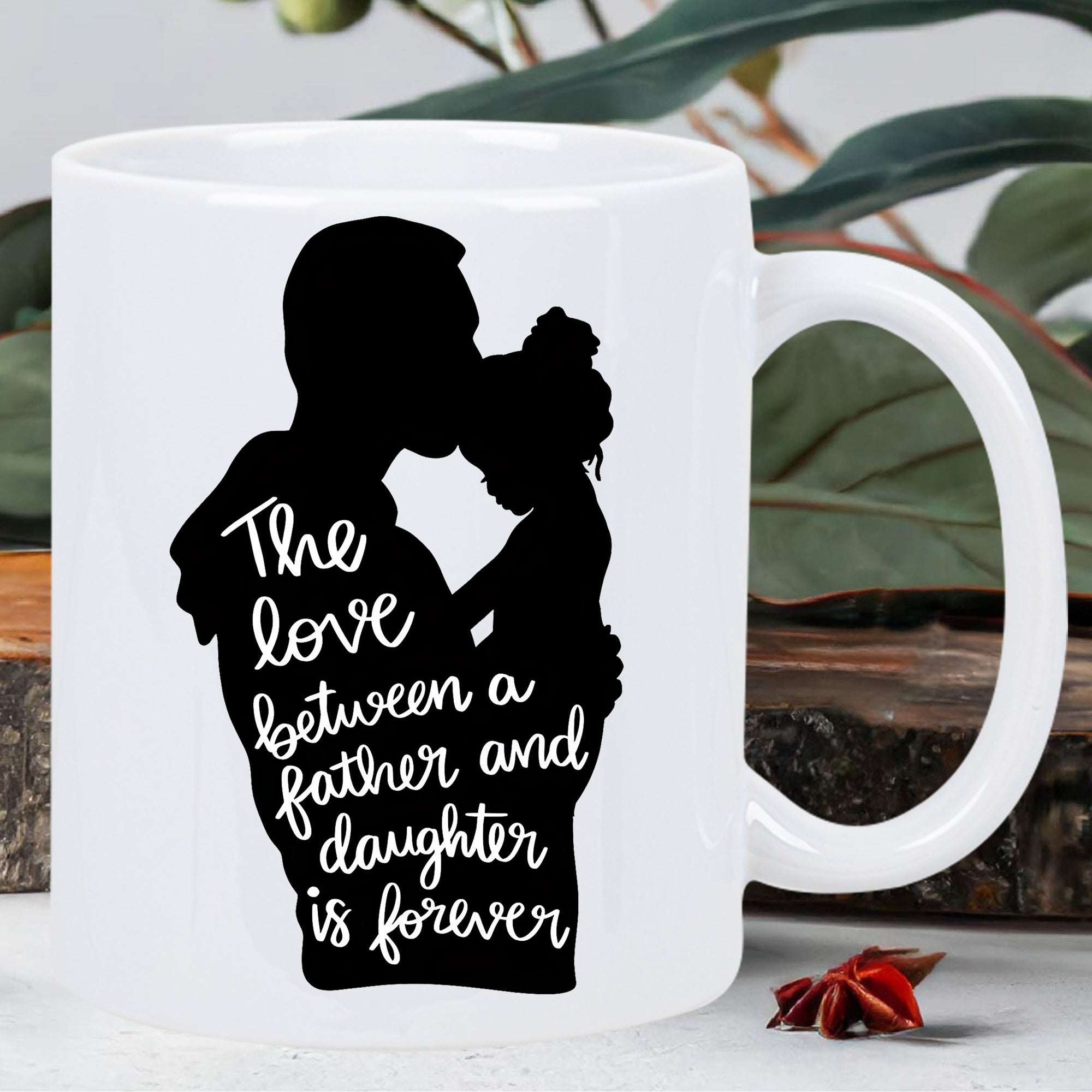 Tailorly White Ceramic 11 oz Mug - The Love Between A Father And Daughter Is Forever Tender Silhouette Of A Man Holding His Small Child Surrounded By White Father