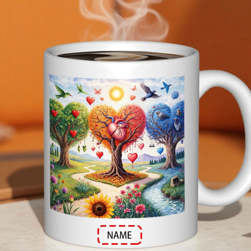 Tailorly White Ceramic 11 oz Mug - Vibrant Garden Scenic Under Bright Sun With Colorful Heart Shaped Foliage Tree