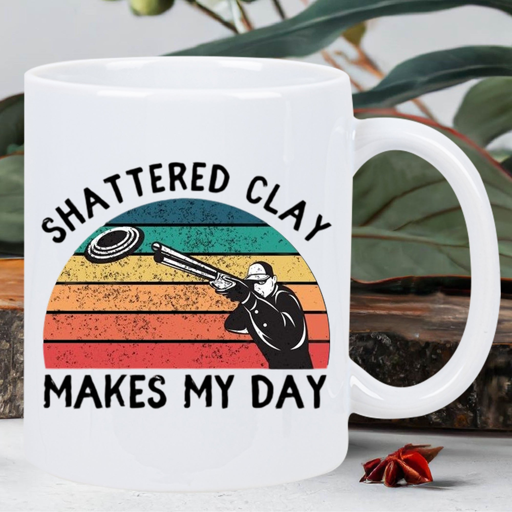 Tailorly White Ceramic 11 oz Mug - Shattered Clay Makes My Day Retro Sunset Background With Silhouette Of Man Aiming His Precision Shotgun