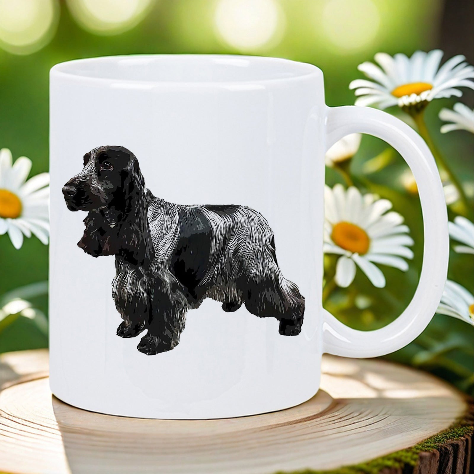 Tailorly White Ceramic 11 oz Mug - Elegant Black And Grey Long Haired Spaniel Standing Gracefully On Surface Dog