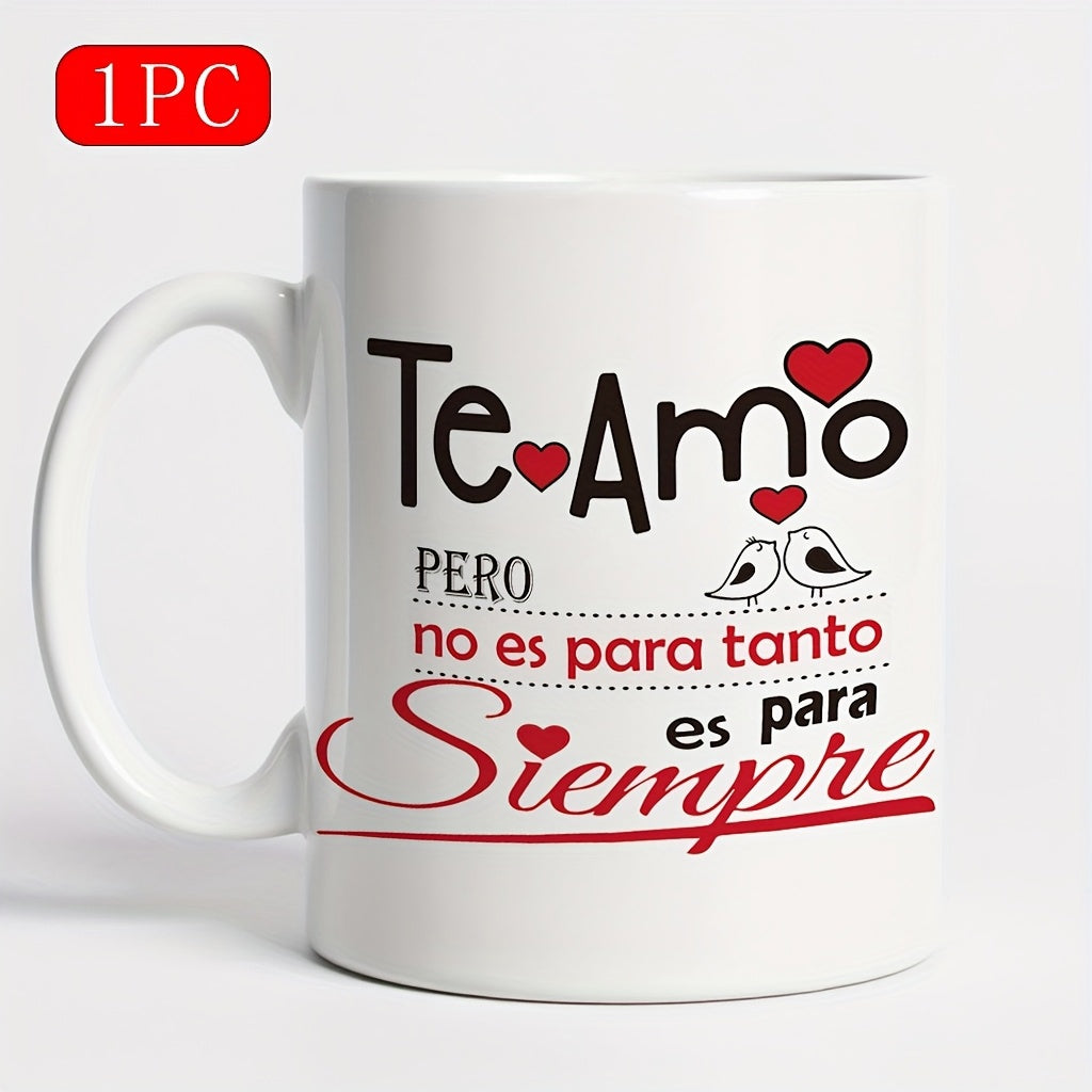 Tailorly White Ceramic 11 oz Mug - Two Birds Kissing Between Red Hearts With Elegant Swirling Text Birds