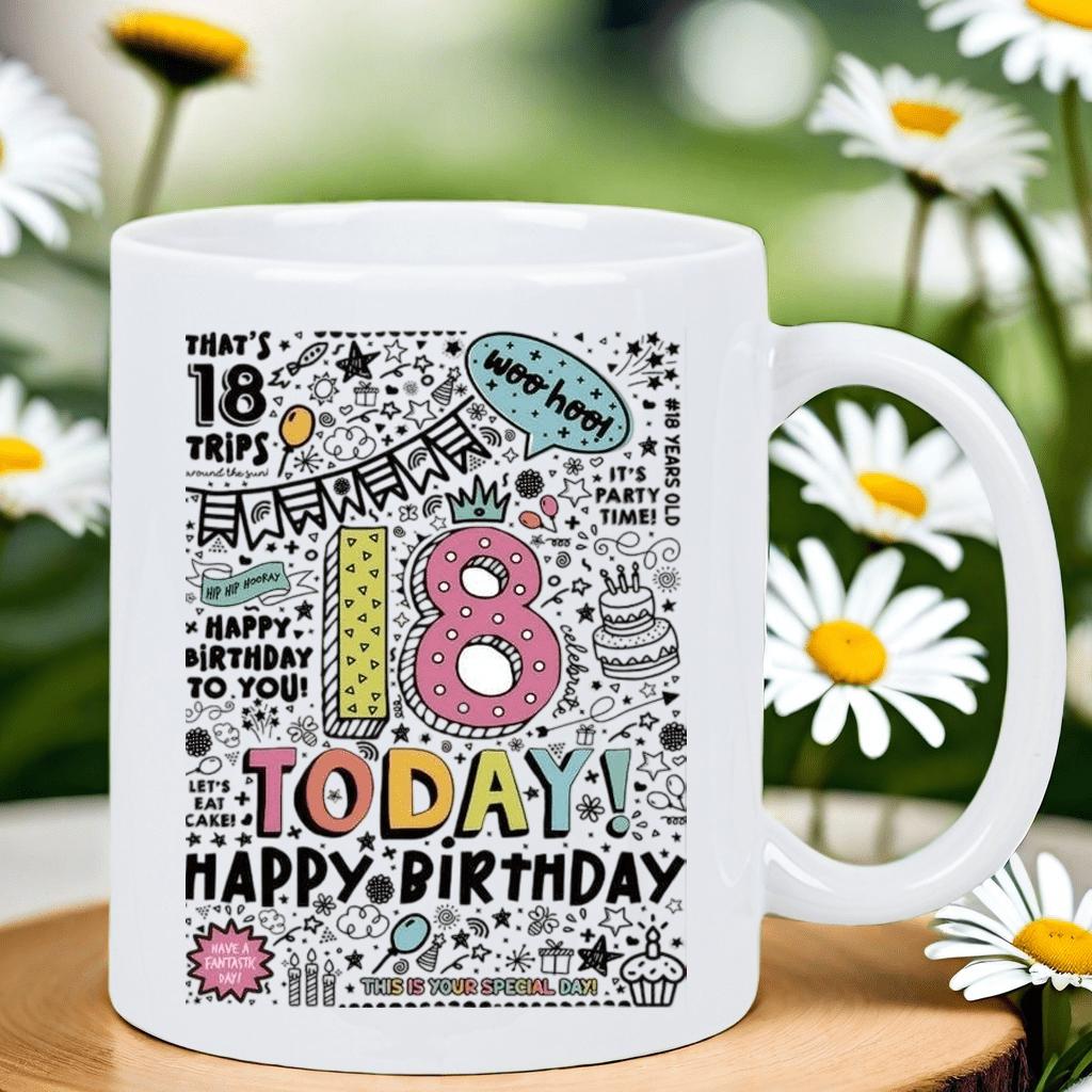 Tailorly White Ceramic 11 oz Mug - 18 Today Happy Birthday Colorful Hand Drawn Festive Doodle Pattern With Stars And Cake Mug