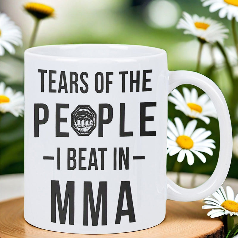Tailorly White Ceramic 11 oz Mug - Tears Of The People I Beat In MMA Powerful Clenched Fist Positioned Within A Bold Geometric Octagonal Combat Frame Fist
