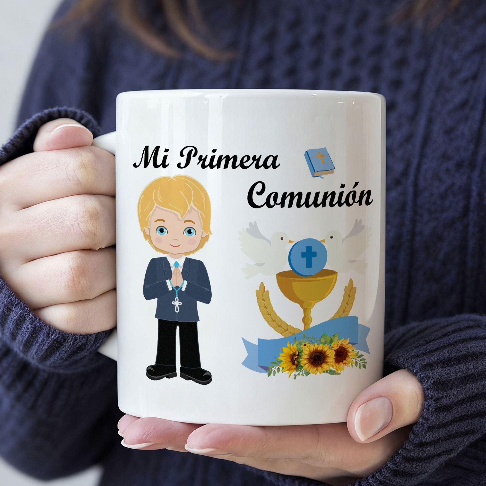 Tailorly White Ceramic 11 oz Mug - Praying In Suit For First Holy Communion With Golden Chalice Boy