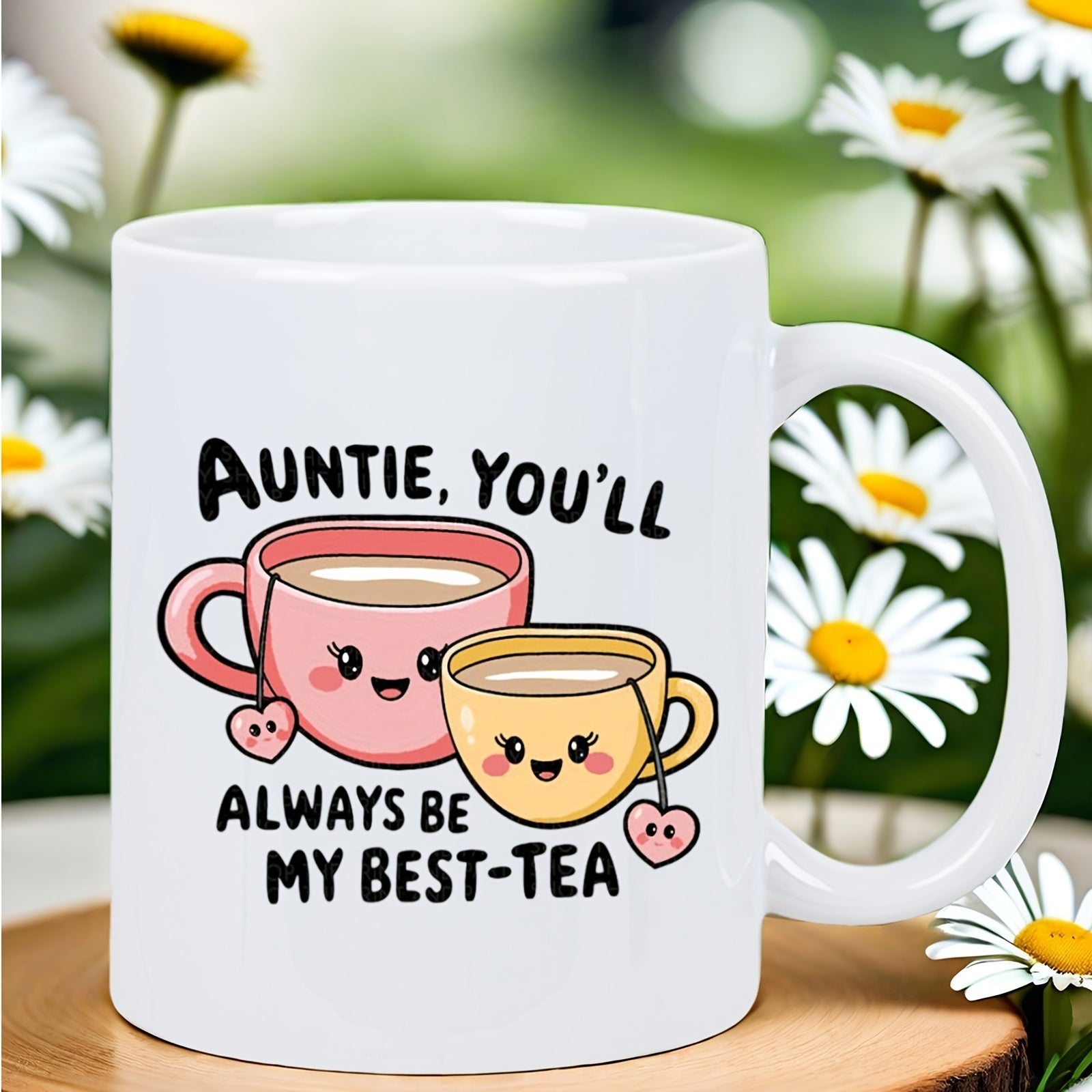 Tailorly White Ceramic 11 oz Mug - Auntie Youll Always Be My Best Tea Two Cute Smiling Cups With Heart Shaped Tags Teacup