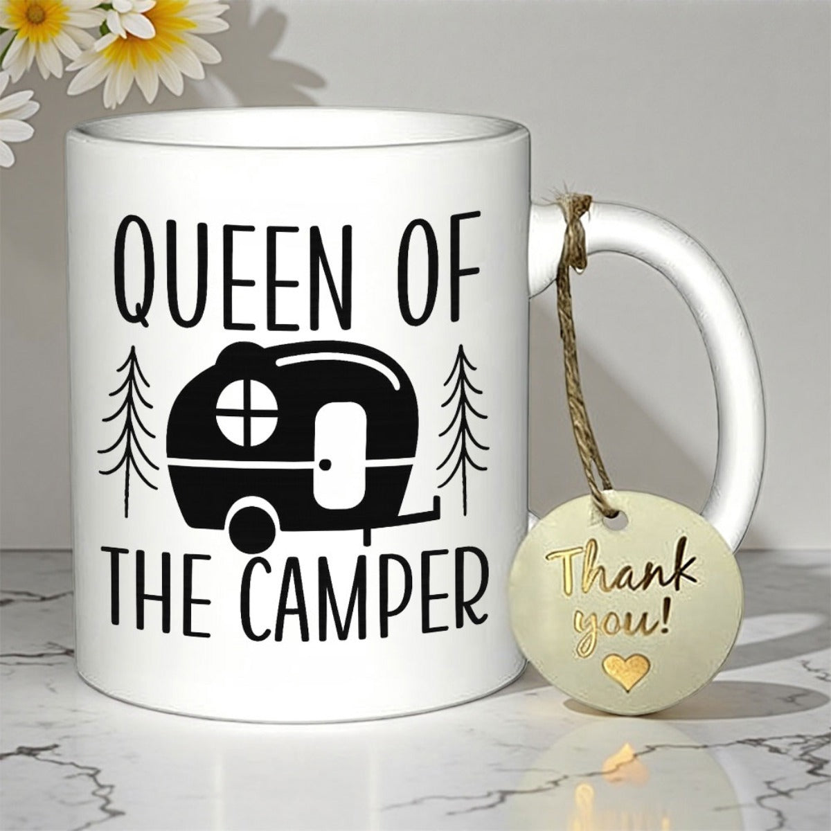 Tailorly White Ceramic 11 oz Mug - Queen Of The Camper Minimalist Vintage Teardrop Trailer Parked Between Two Evergreen Pine Trees Camper