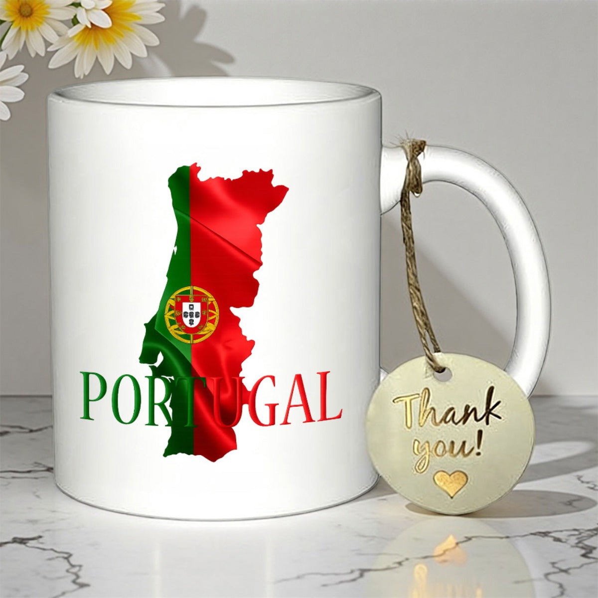 Tailorly White Ceramic 11 oz Mug - Portugal Patriotic Flag Colors With National Emblem Inside A Geographic Silhouette Map